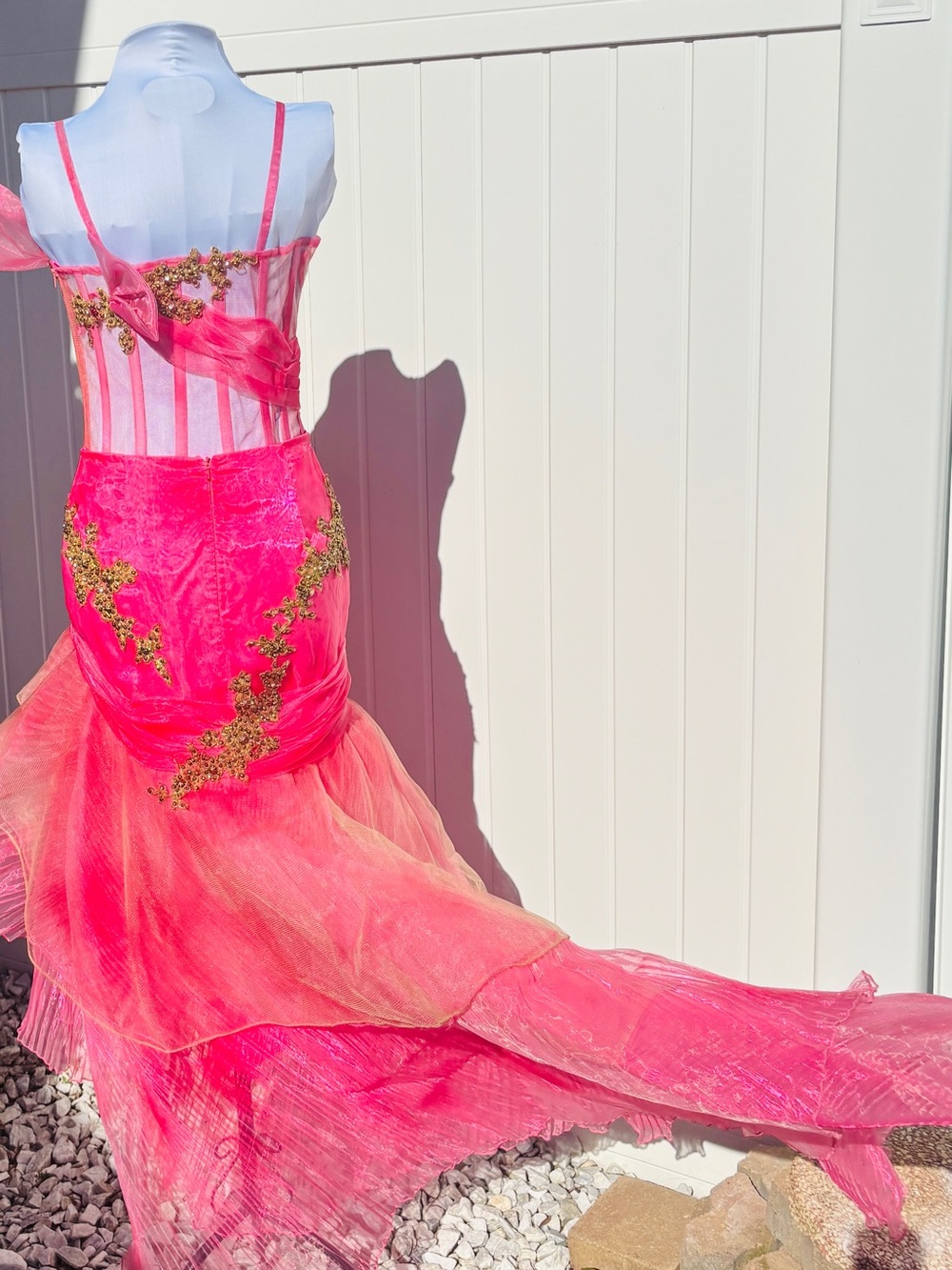 Sherry Hill Y2K Pink Corset Mermaid Prom Dress Gold Beaded Size 4 - Picture 6 of 9